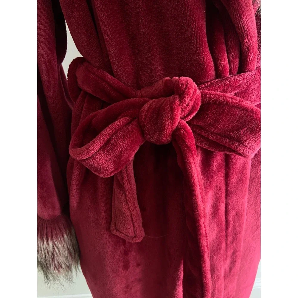 Adrienne Landau Womens Red Faux Fur Trim Plush Fleece‎ Long Robe M/L Loungewear
